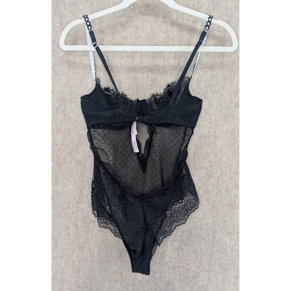 Victorias Secret Black Lace Mesh Polka Dot Bodysuit Underwire Medium B/C cup